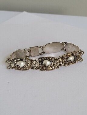 Vintage Boho Sterling Silver Pearl Shell Intricate Chain Link Bracelet